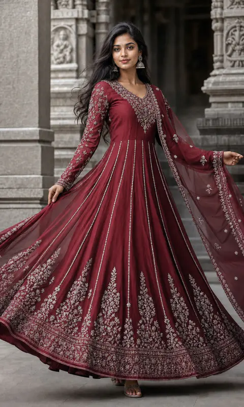 Deep Ruby Zari-Line Anarkali front styling preview