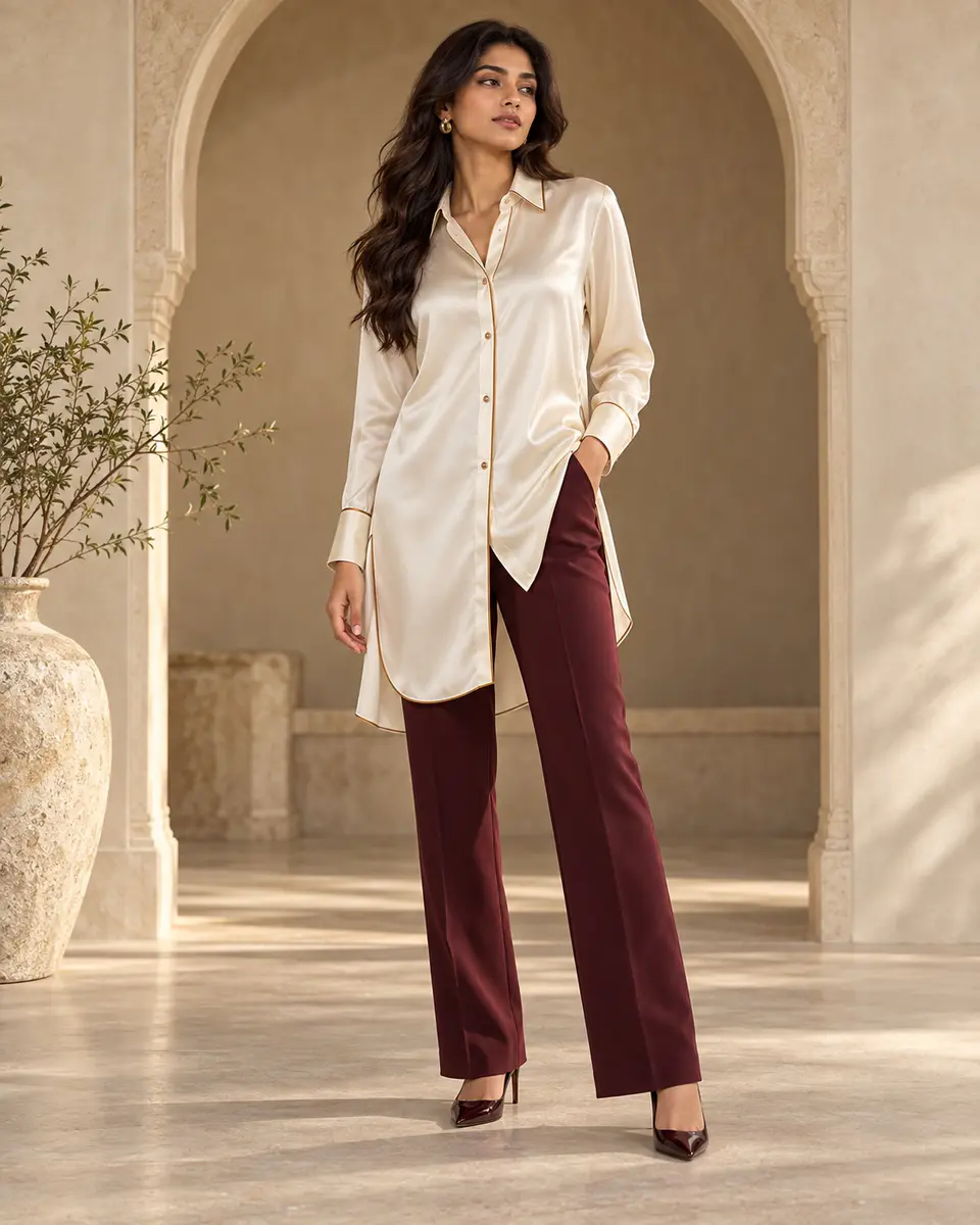 Astra Ivory Satin Shirt front styling preview