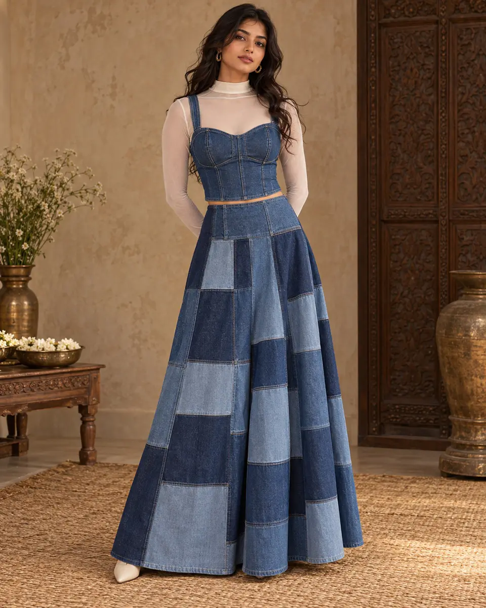 Cobalt Patchwork Denim Dress front styling preview