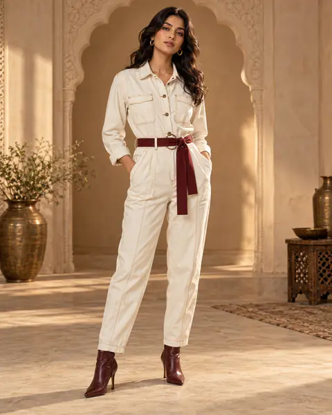 Ecru Atelier Denim Jumpsuit front styling preview