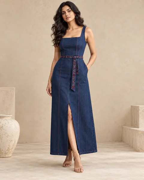 Indigo Column Denim Dress front styling preview