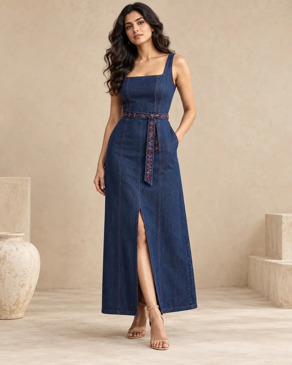Indigo Column Denim Dress front styling preview