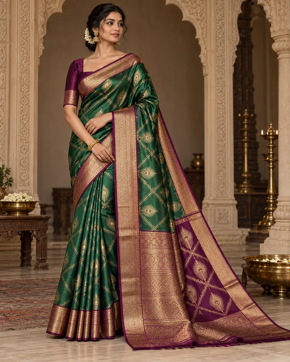Emerald Peacock-Lattice Saree front styling preview