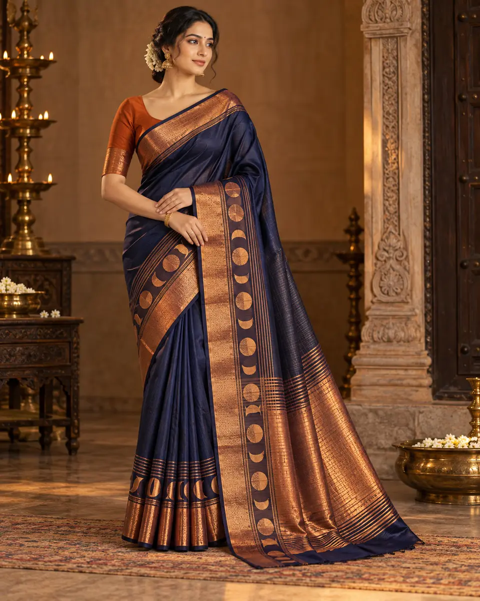 Navy Moon-Disc Saree front styling preview