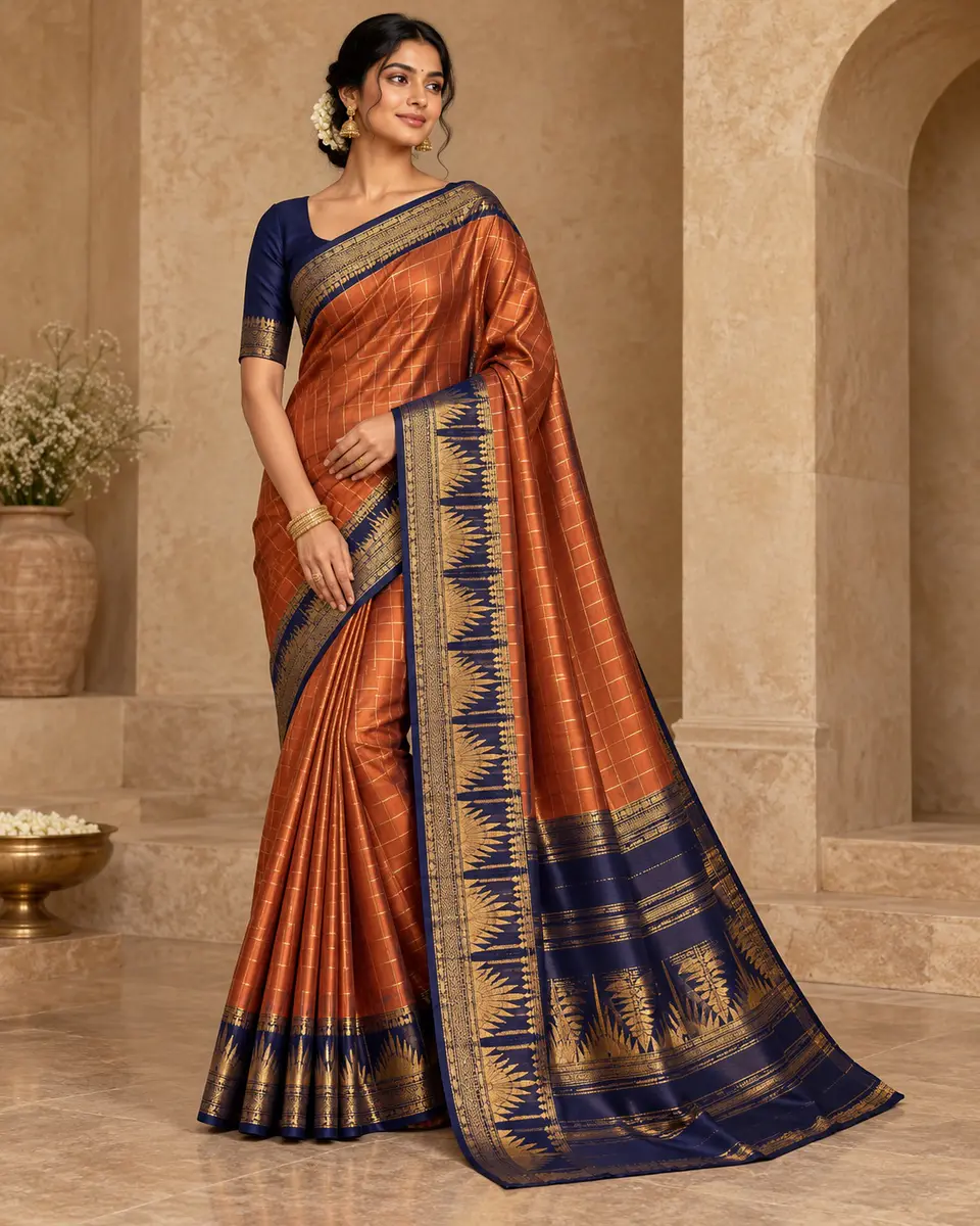 Rust Rising-Sun Saree front styling preview