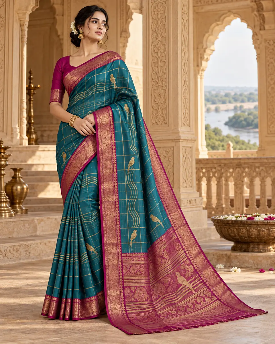 Teal River-Line Saree front styling preview