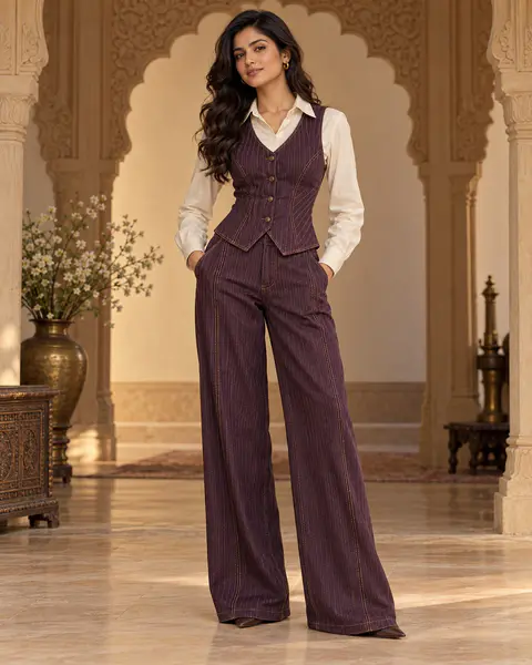 Plum Pinstripe Denim Set front styling preview