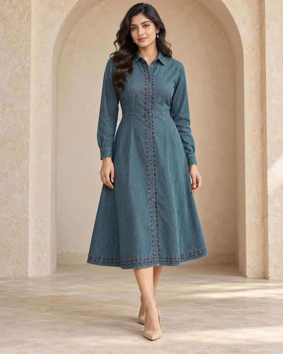 Teal Running-Stitch Denim Dress front styling preview