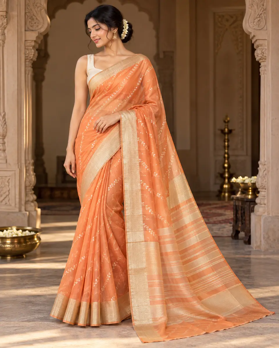 Apricot Leaf-Trail Saree front styling preview
