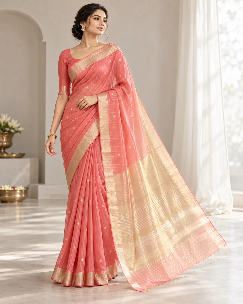 Coral Rain-Line Saree front styling preview