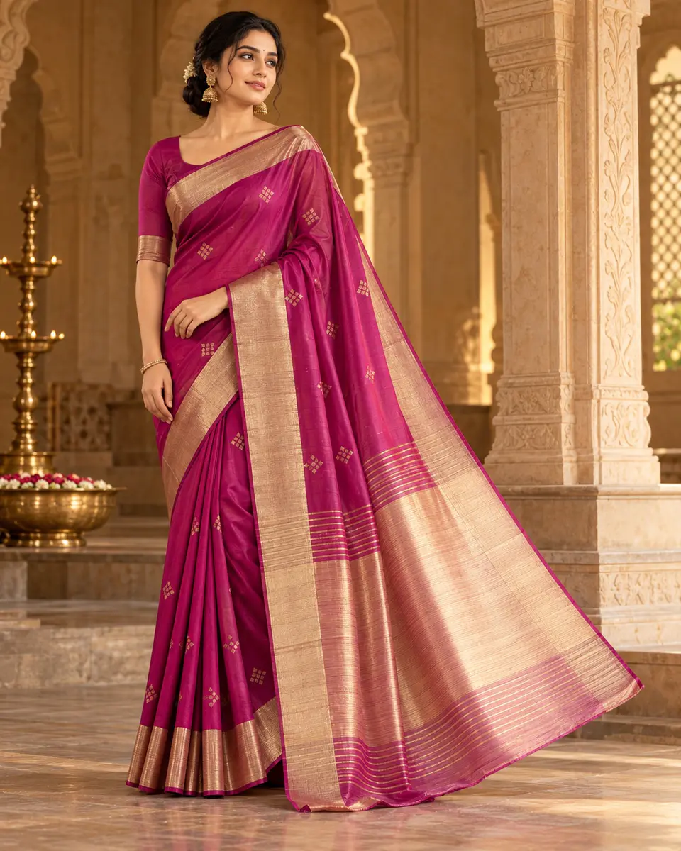 Magenta Stepped-Diamond Saree front styling preview
