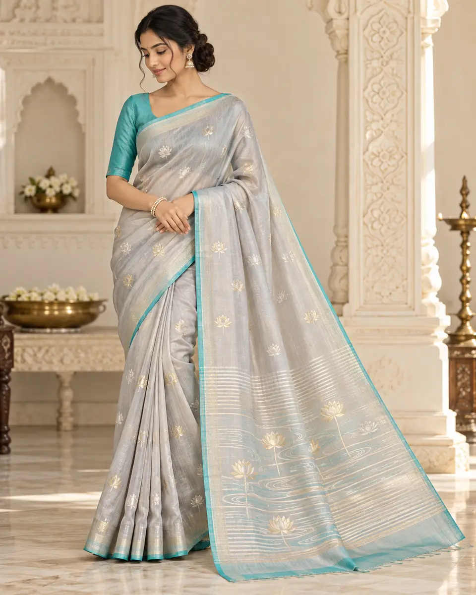 Pearl-Grey Water-Lily Saree front styling preview