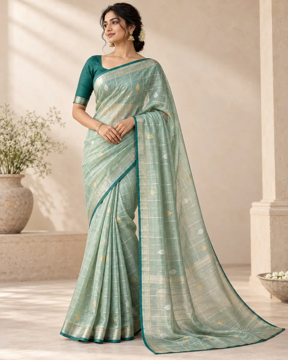 Seafoam Floating-Leaf Saree front styling preview