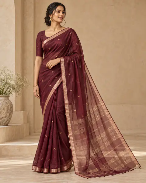 Wine Crescent Saree front styling preview