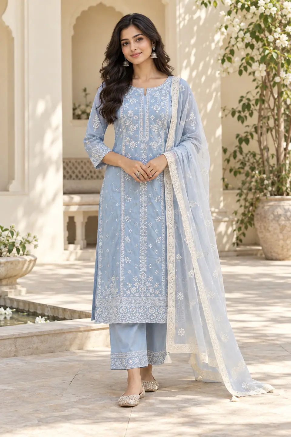 Powder Blue Chikankari Suit front styling preview