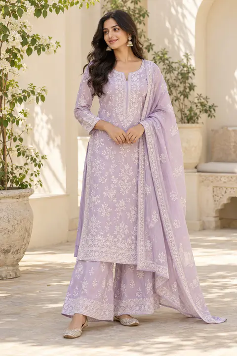 Lavender Petal Chikankari Suit front styling preview