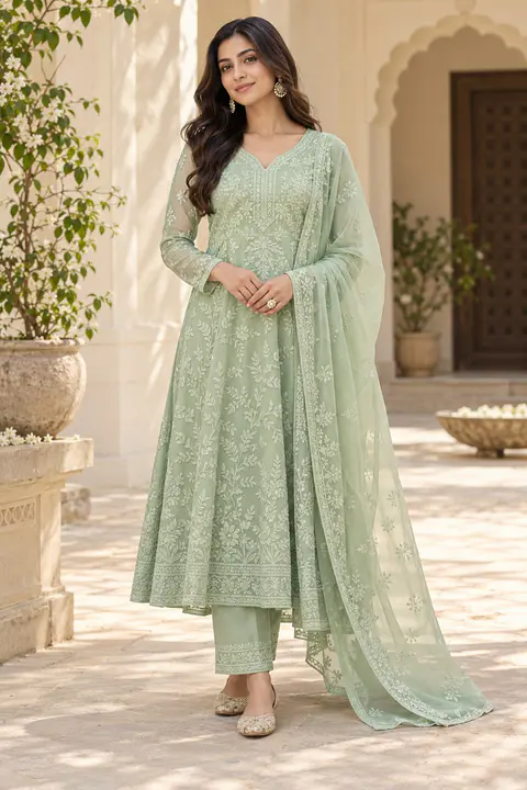 Mint Botanical Chikankari Suit front styling preview
