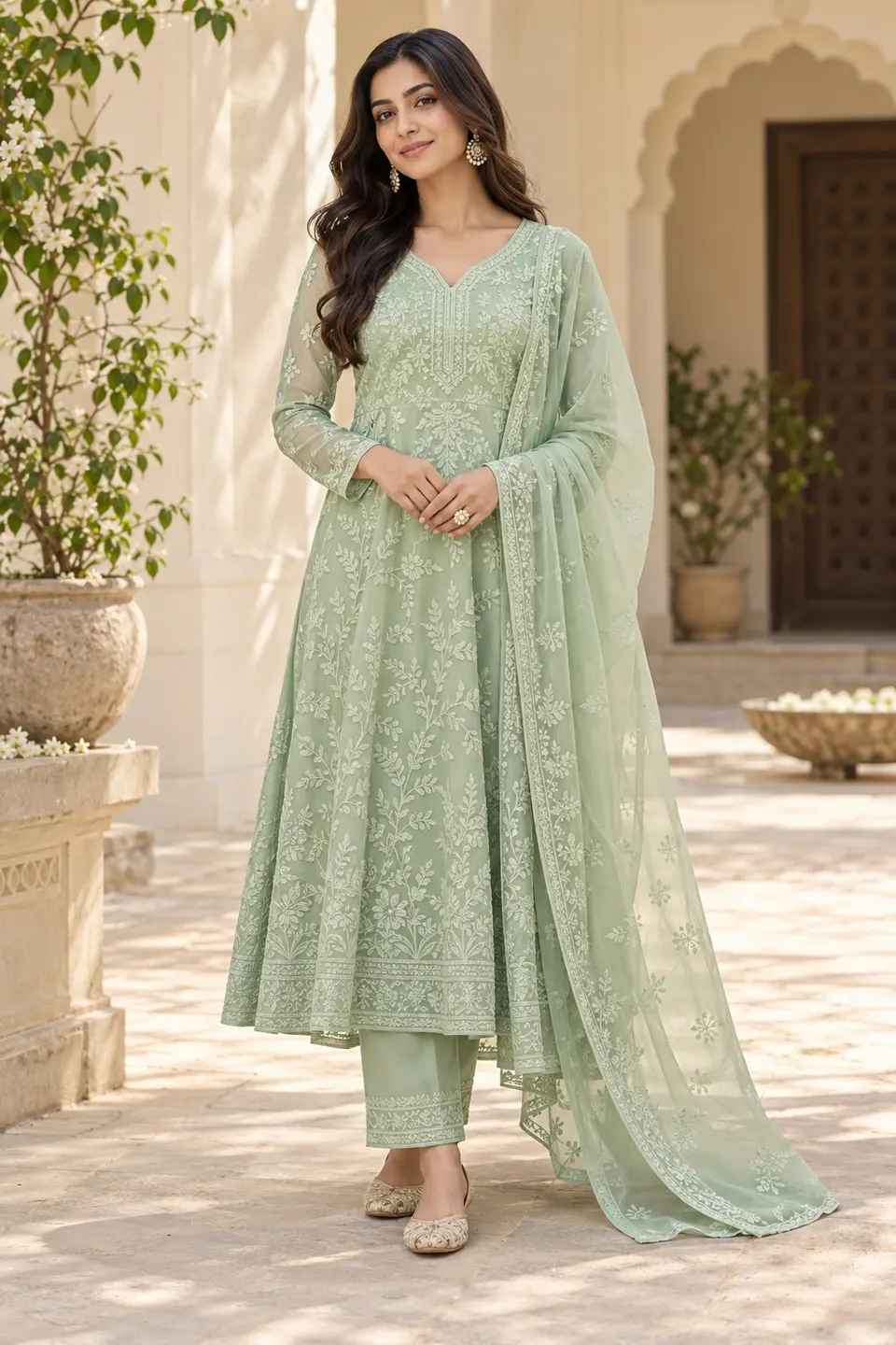 Mint Botanical Chikankari Suit front styling preview