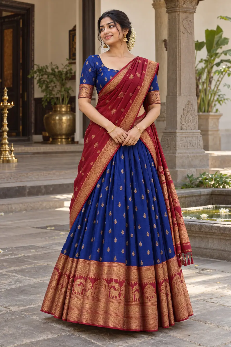 Cobalt Ruby Temple Half Saree front styling preview