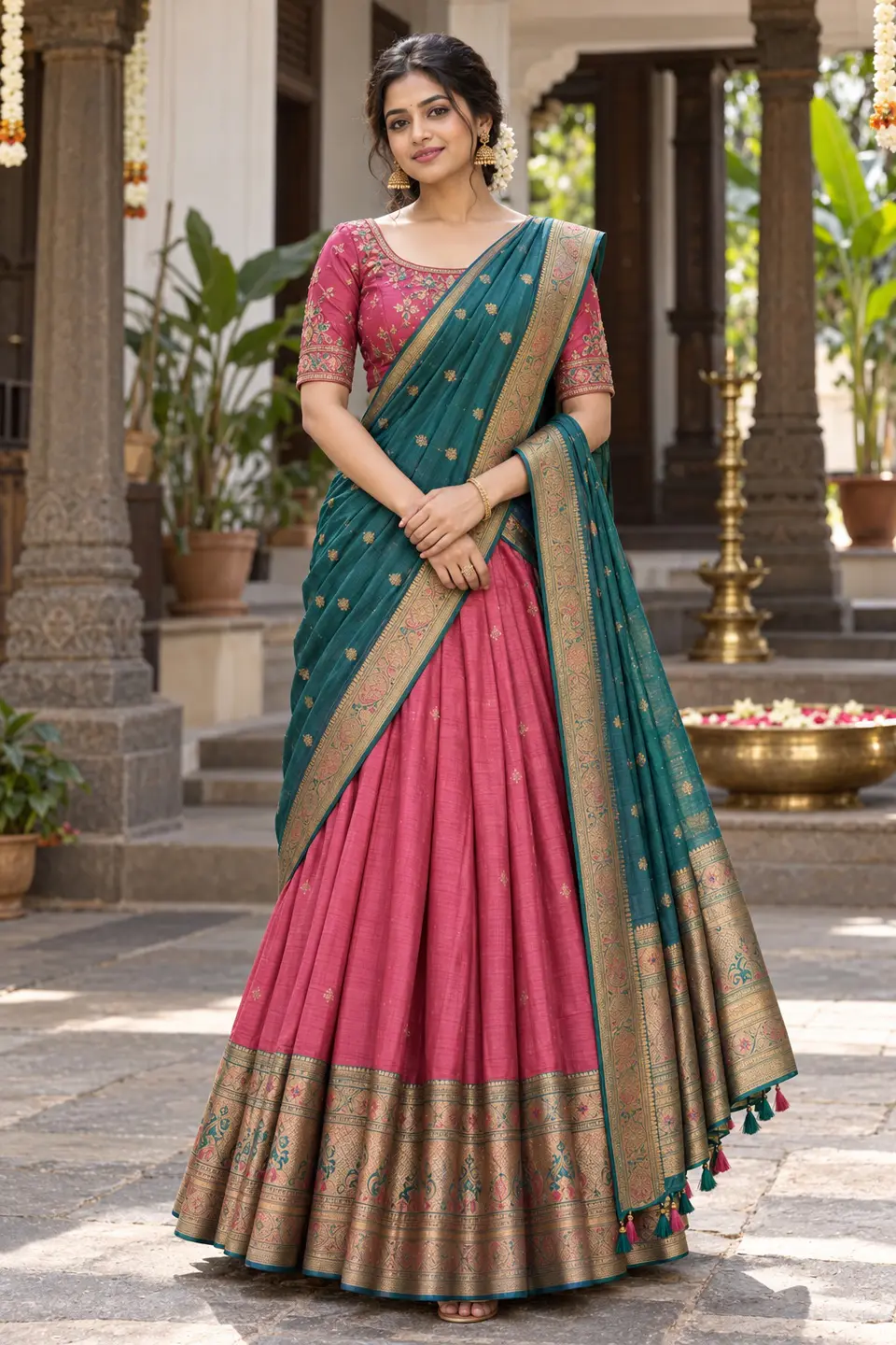 Rose Teal Courtyard Half Saree front styling preview