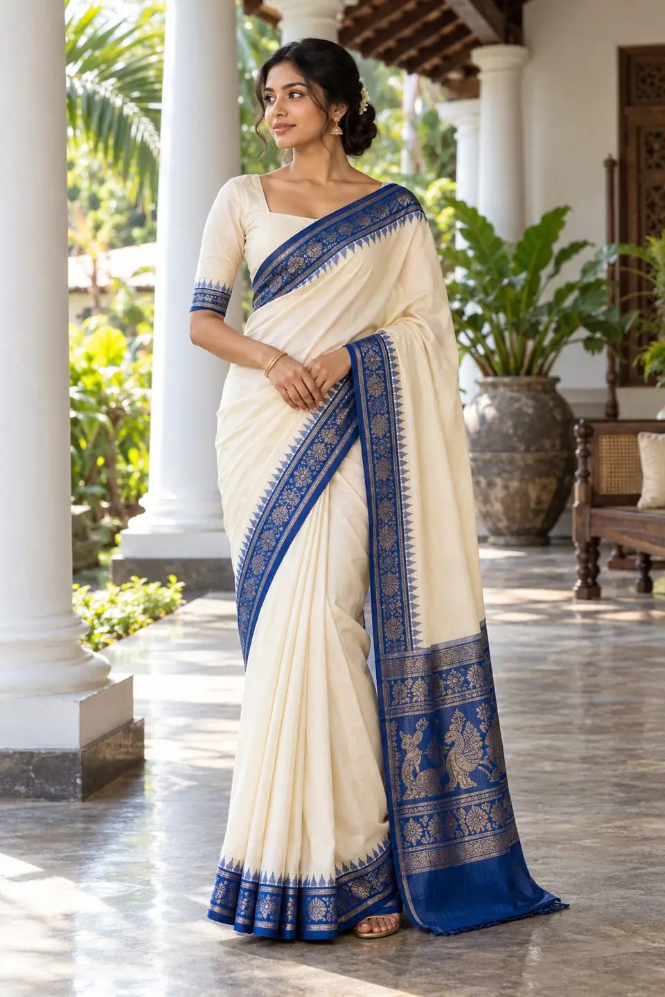 Ivory Cobalt Kandyan Saree front styling preview