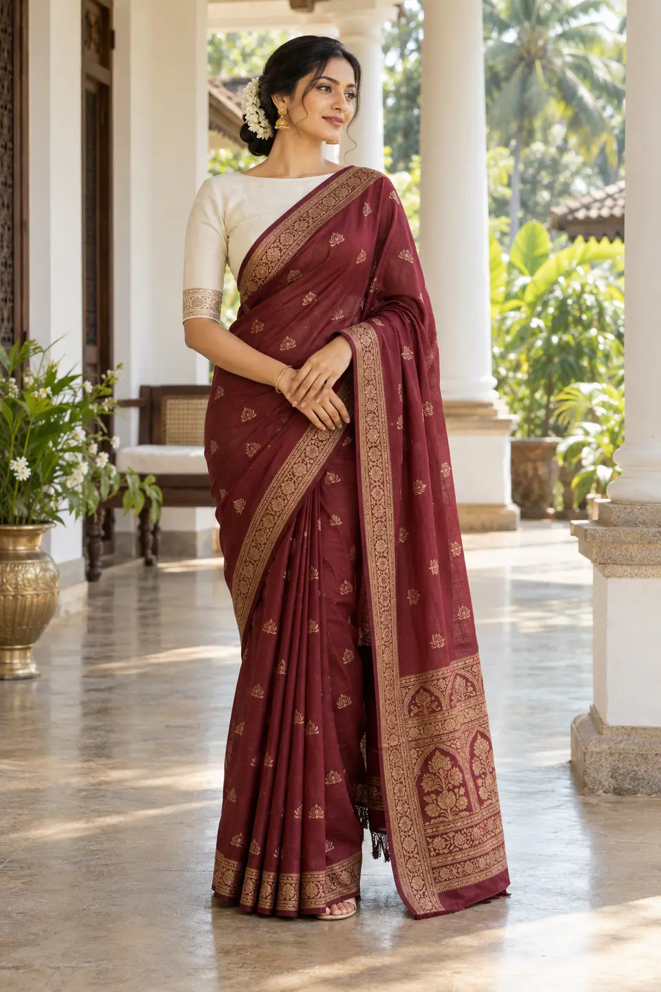 Wine Lotus Kandyan Saree front styling preview