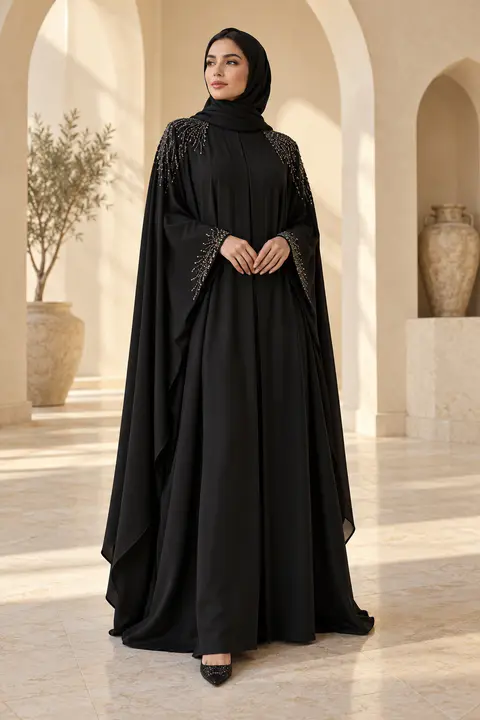 Black Crystal Cape Abaya front styling preview