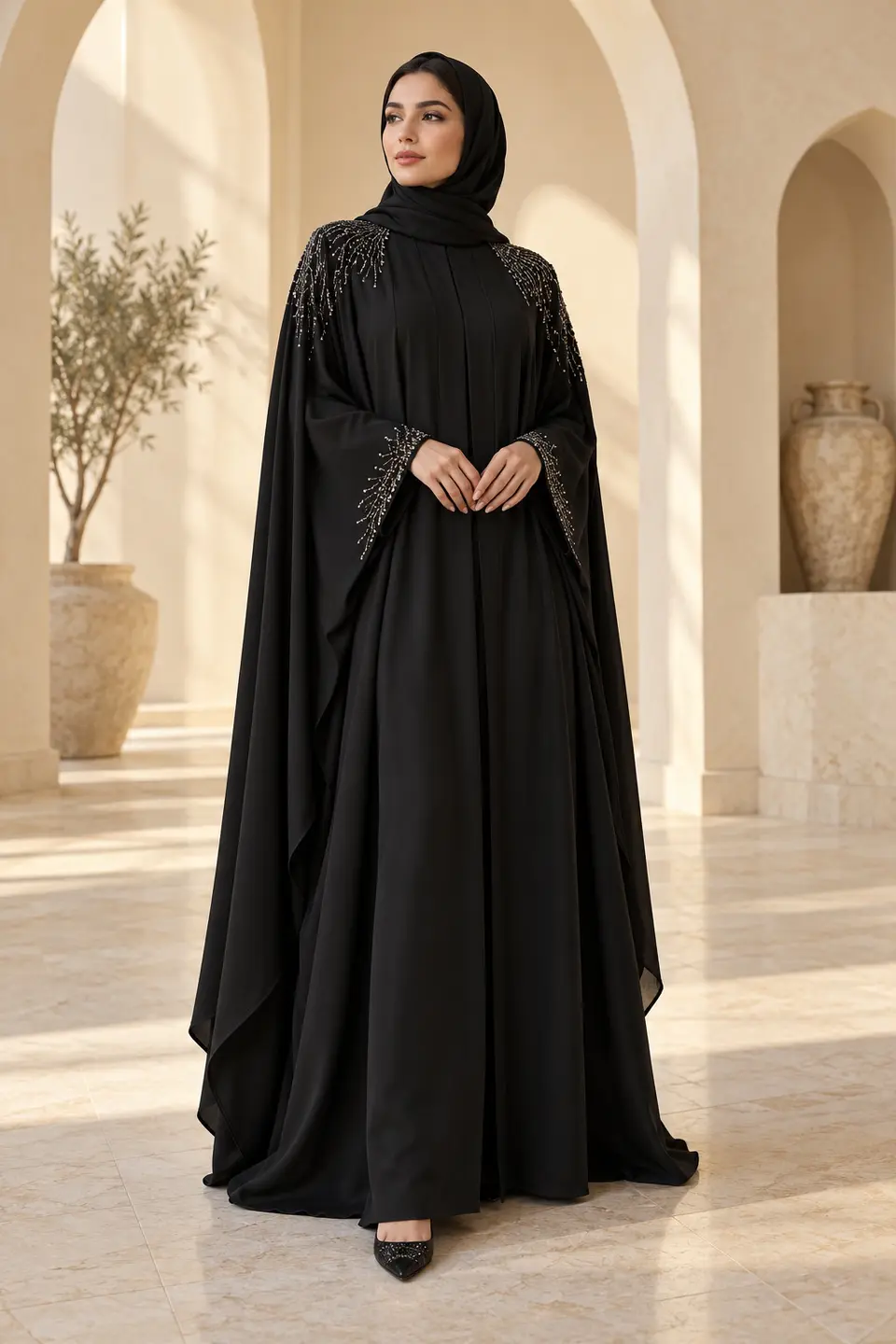 Black Crystal Cape Abaya front styling preview