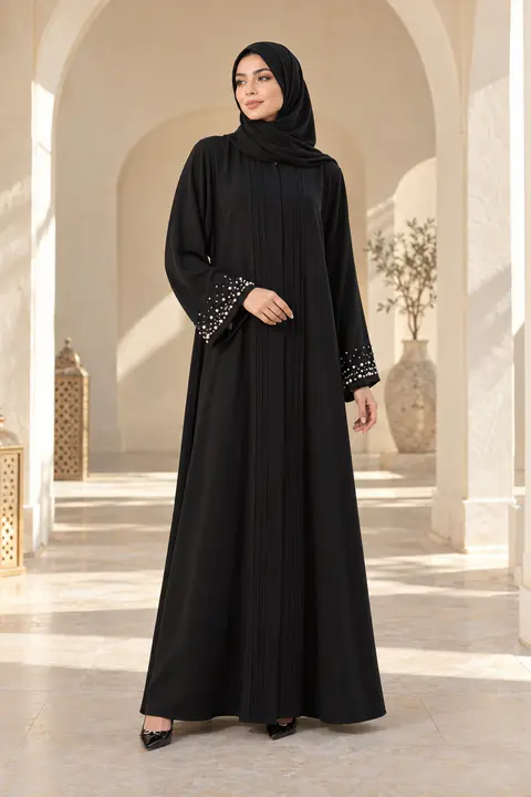 Black Pearl-Cuff Abaya front styling preview