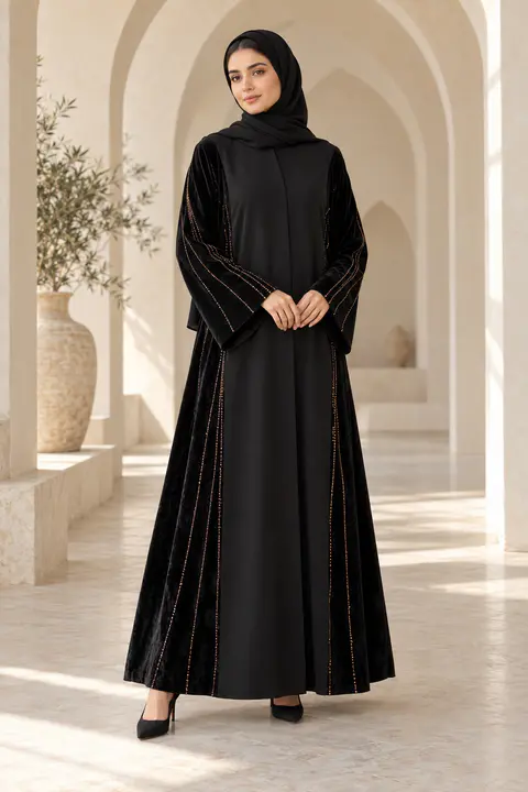 Black Velvet-Panel Abaya front styling preview
