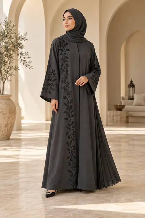 Charcoal Tonal-Vine Abaya front styling preview