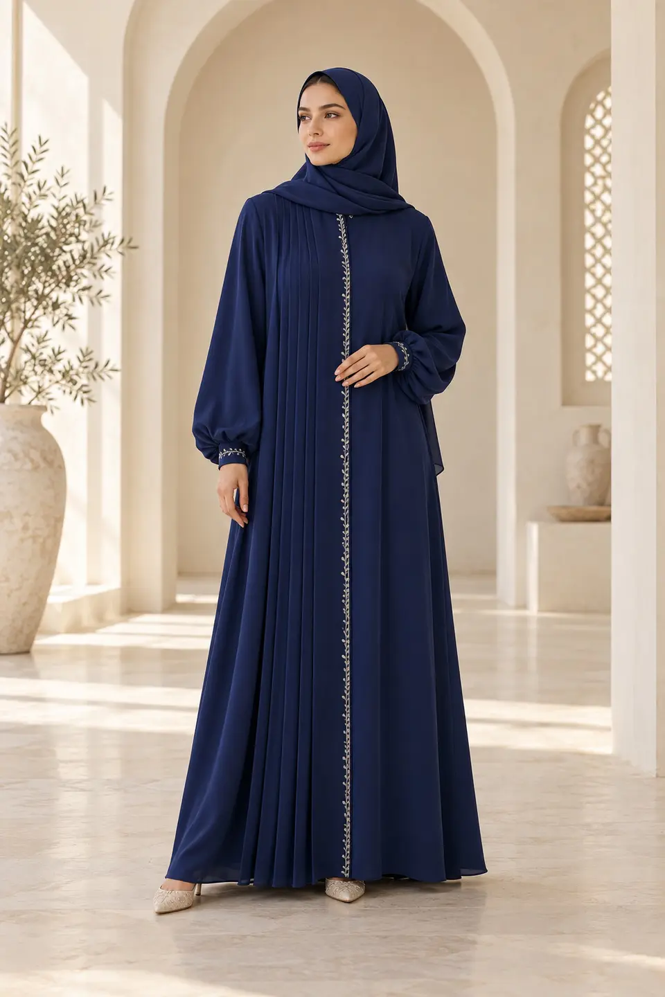 Cobalt Pleated Abaya front styling preview