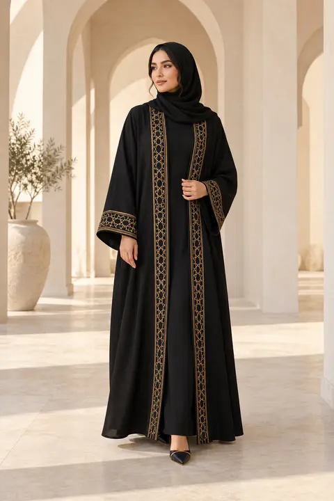 Custom Black Gold-Border Abaya front styling preview