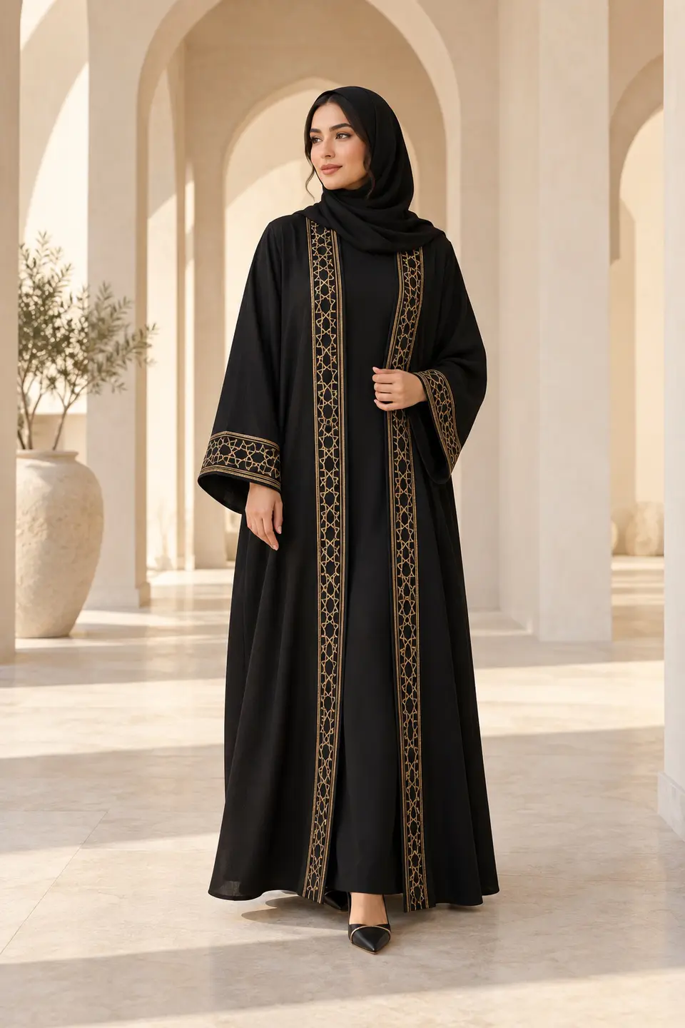 Custom Black Gold-Border Abaya front styling preview