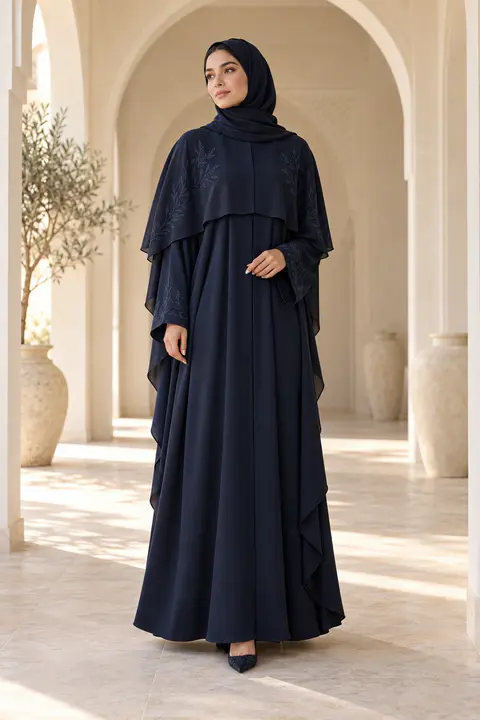 Custom Navy Layered Abaya front styling preview