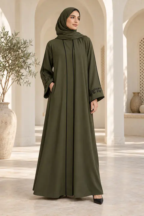 Custom Olive Piped Abaya front styling preview