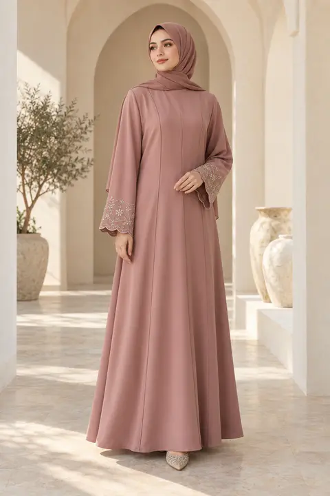 Custom Rose Scallop-Cuff Abaya front styling preview