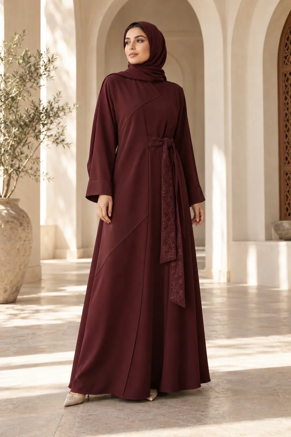 Custom Wine Panelled Abaya front styling preview