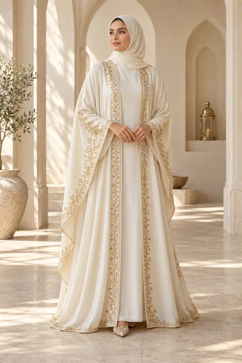 Ivory Gold Cape Abaya front styling preview