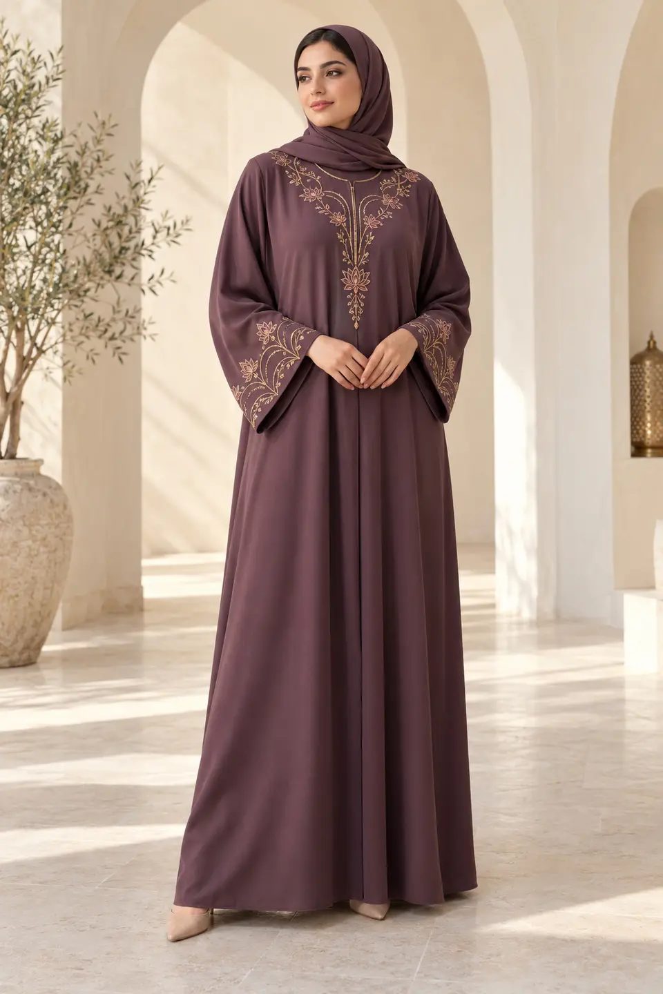 Plum Lotus-Arc Abaya front styling preview