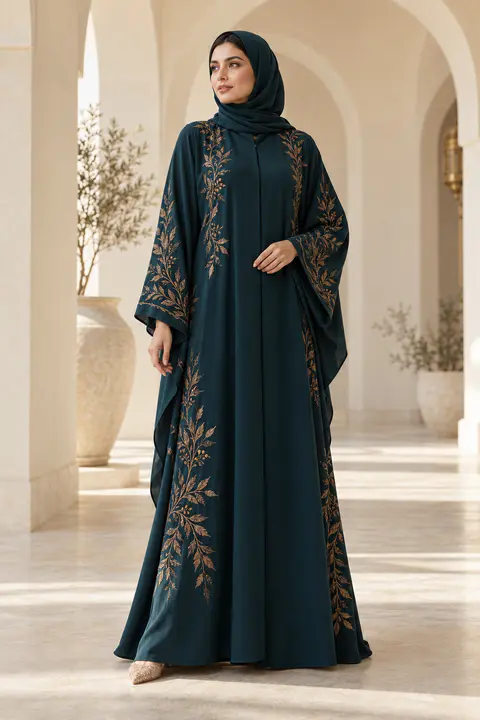 Teal Botanical Evening Abaya front styling preview