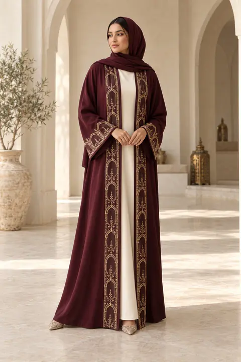 Wine Courtyard Abaya front styling preview