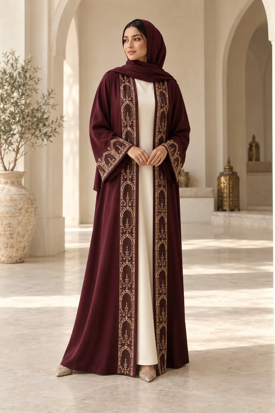 Wine Courtyard Abaya front styling preview