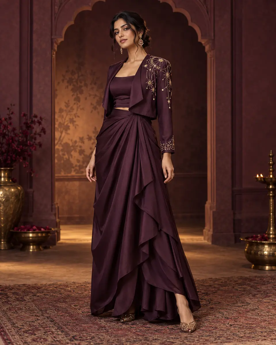 Noor Dusk Draped Jacket Set front styling preview