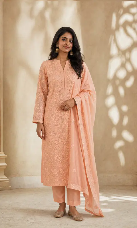 Peach Chikankari Suit
