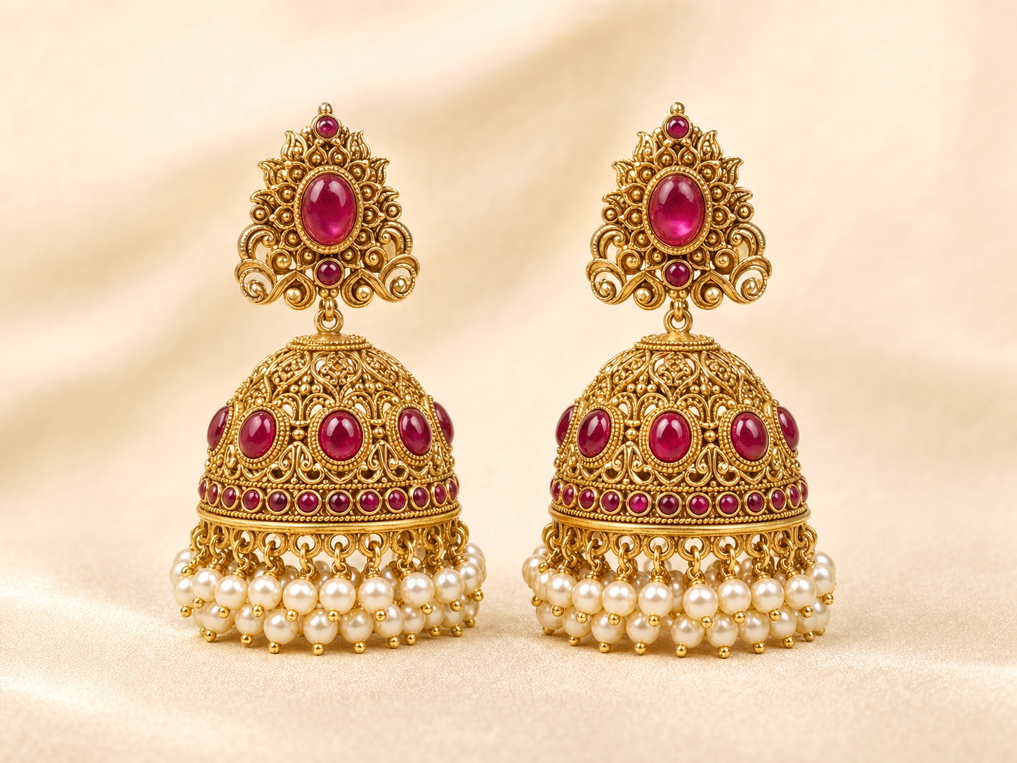 Ruby Pearl Temple Jhumkas
